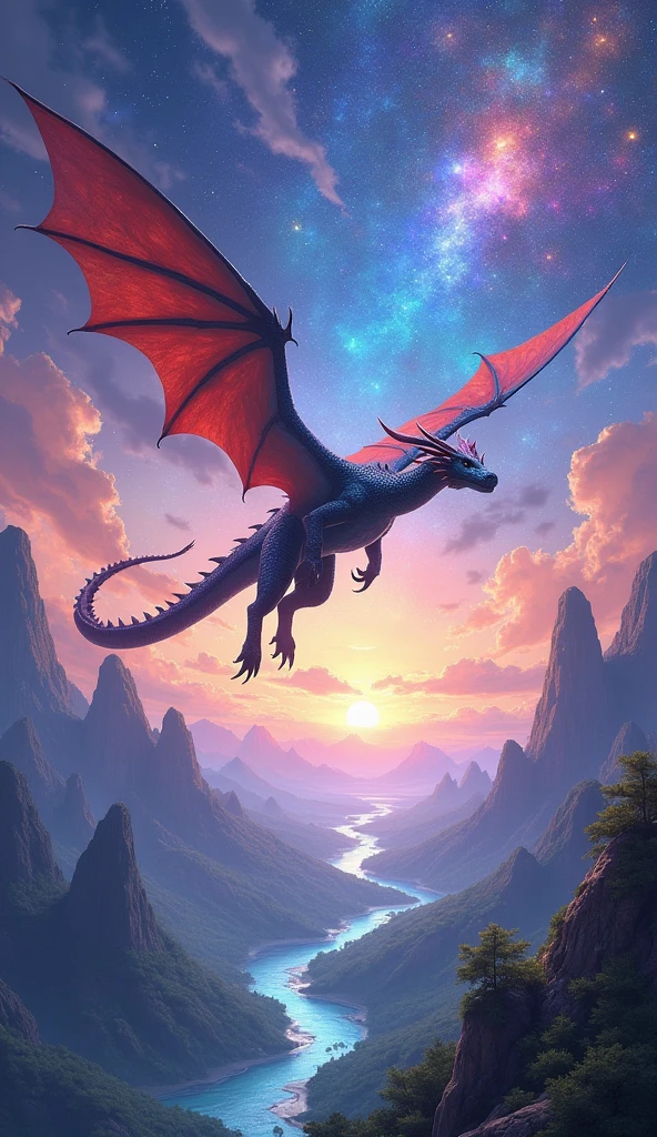 hkmagic, an epic fantasy scene of a mighty dragon soaring through a vibrant, otherworldly landscape. The dragon's scales shimmer with iridescent colors, reflecting the brilliant hues of the sky. Below, a breathtaking landscape of crystalline mountains, enchanted forests, and luminescent rivers stretches out. The sky is a tapestry of swirling nebulae and glowing constellations, creating a stunning, -- chaos 100-- ar 9:16 , -- Chaos 100