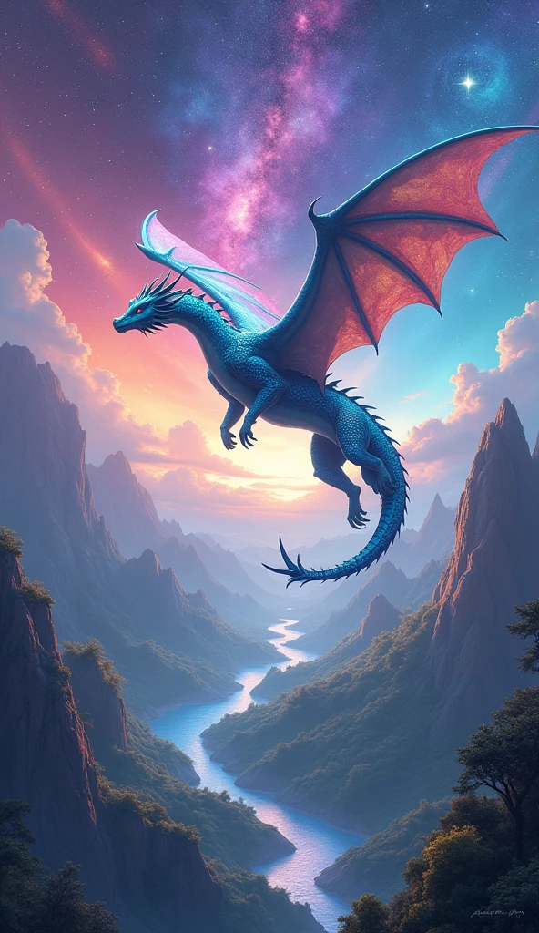hkmagic, an epic fantasy scene of a mighty dragon soaring through a vibrant, otherworldly landscape. The dragon's scales shimmer with iridescent colors, reflecting the brilliant hues of the sky. Below, a breathtaking landscape of crystalline mountains, enchanted forests, and luminescent rivers stretches out. The sky is a tapestry of swirling nebulae and glowing constellations, creating a stunning, -- chaos 100-- ar 9:16 , -- Chaos 100