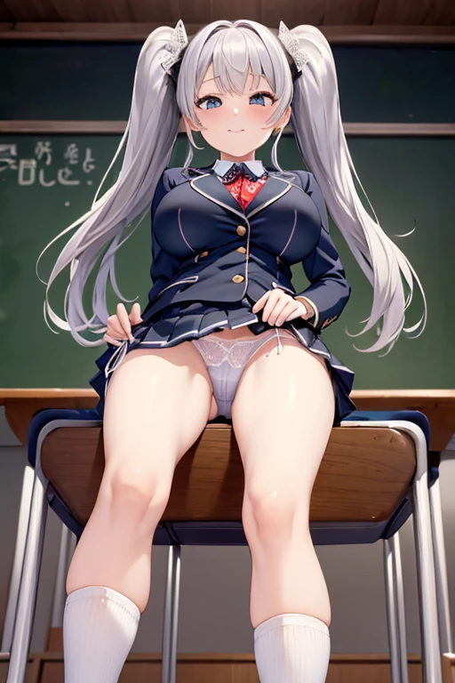 (((Sit with your feet apart、Lace panties、Shooting from below))、(((Accentuate the crotch)))、Highest quality, 8k, masterpiece :1.3)), whole body, Sharp focus :One Girl,Glowing Skin,SSexy pose,Highest quality,Tabletop,shape,Very delicate and beautiful,Hmph,8k壁紙,wonderful,In detail,Official Art,Very detailedなティッカーUnity 8k壁紙,Incredibly ridiculous,Large file size,Very detailedな,High resolution,Very detailed,Beautiful detailed,Realistic,X-ray,The queue is full,(((Uniform Blazer、mini skirt)))、(((Big Breasts、Silver Hair)))、(((School、classroom)))、Stand upright、Cleavage , ((Long silver hair))、Uniform Blazer、Sexy pose、Hairstyle: Twin tails、both hands、Wearing high socks