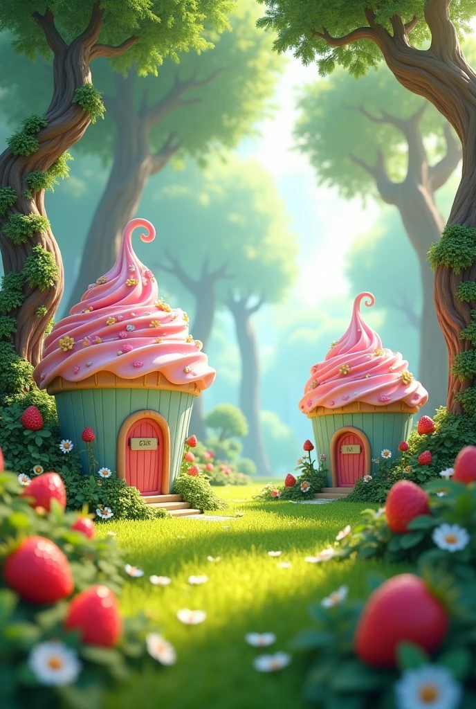 Magical forest with strawberries and lime green grass and pastel pink cupcake houses. Image should be 3d and clear