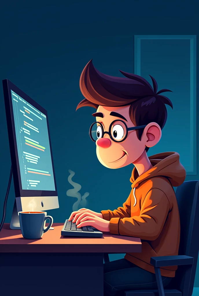 Developer in front of screen showing codes with coffee at night busy, cartoonized