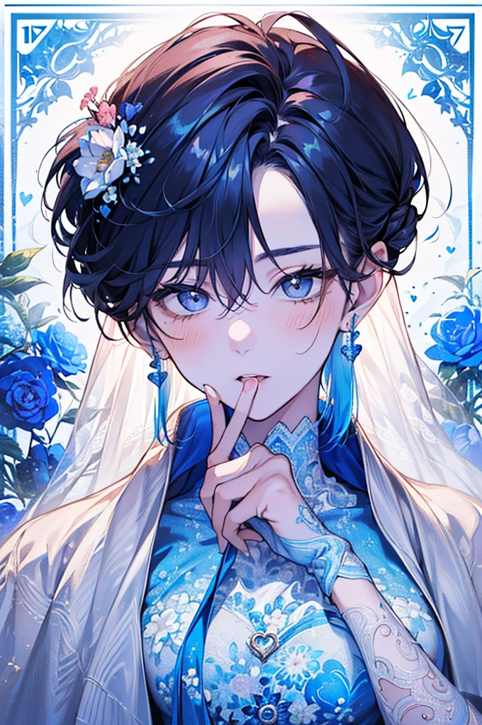 ((17years old man:1.3)), masterpiece, best quality, braid hair, dark blue hair, (half up and half down hair:1.1),(portrait),white wedding dress,(pop and cute flower pattern background), (perfect hand),(blue,white),looking front,((Large and gorgeous earrings:1.1)),(KISS Face:1.35),((upper body)),((heart:1.2)),((hand to own mouth:1.35)),(blush:1.3)