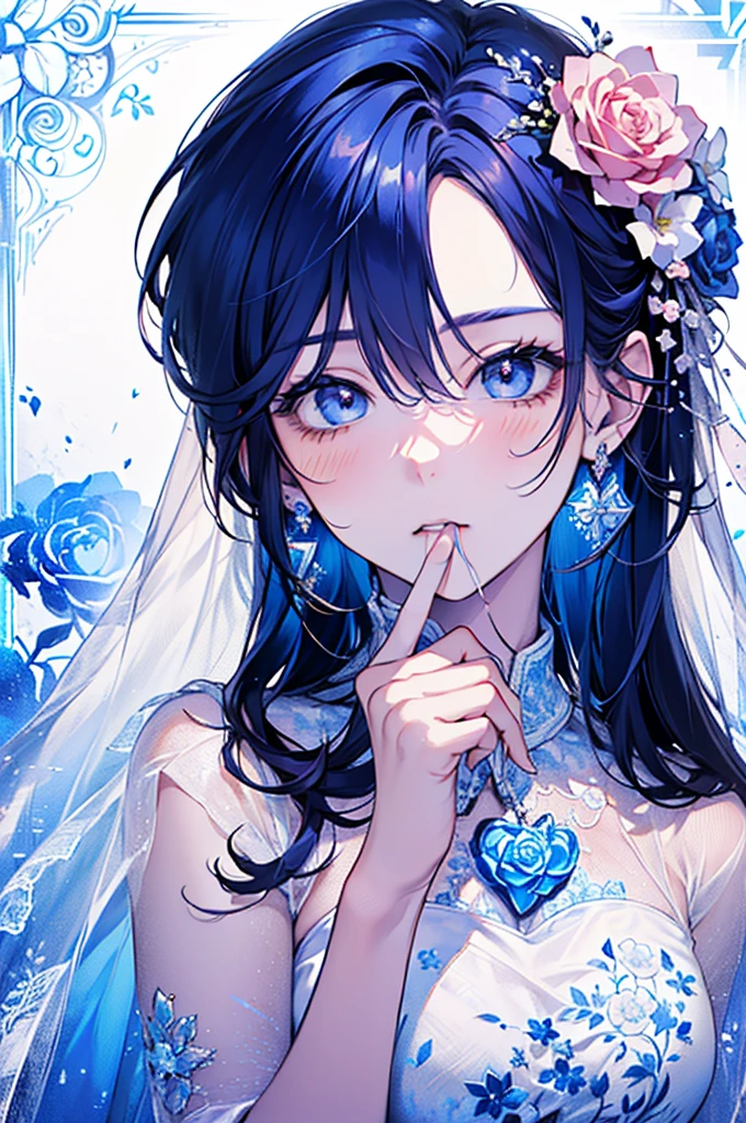 ((17years old man:1.3)), masterpiece, best quality, braid hair, dark blue hair, (half up and half down hair:1.1),(portrait),white wedding dress,(pop and cute flower pattern background), (perfect hand),(blue,white),looking front,((Large and gorgeous earrings:1.1)),(KISS Face:1.35),((upper body)),((heart:1.2)),((hand to own mouth:1.35)),(blush:1.3)