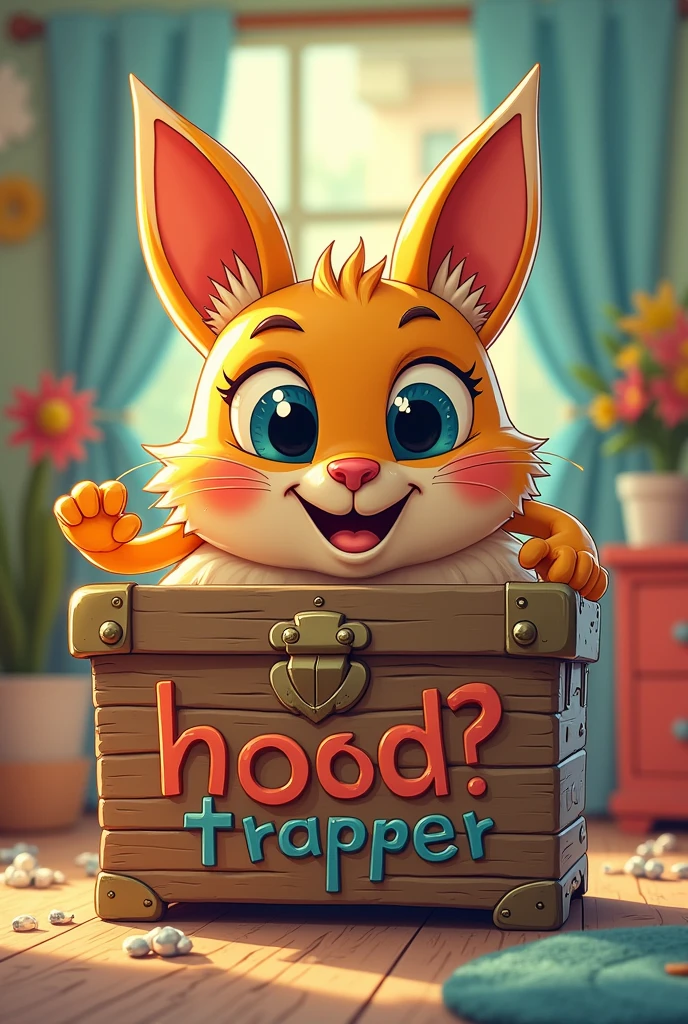 cartoonish toy box with the word &quot;HOODTRAPPER&quot; written on it