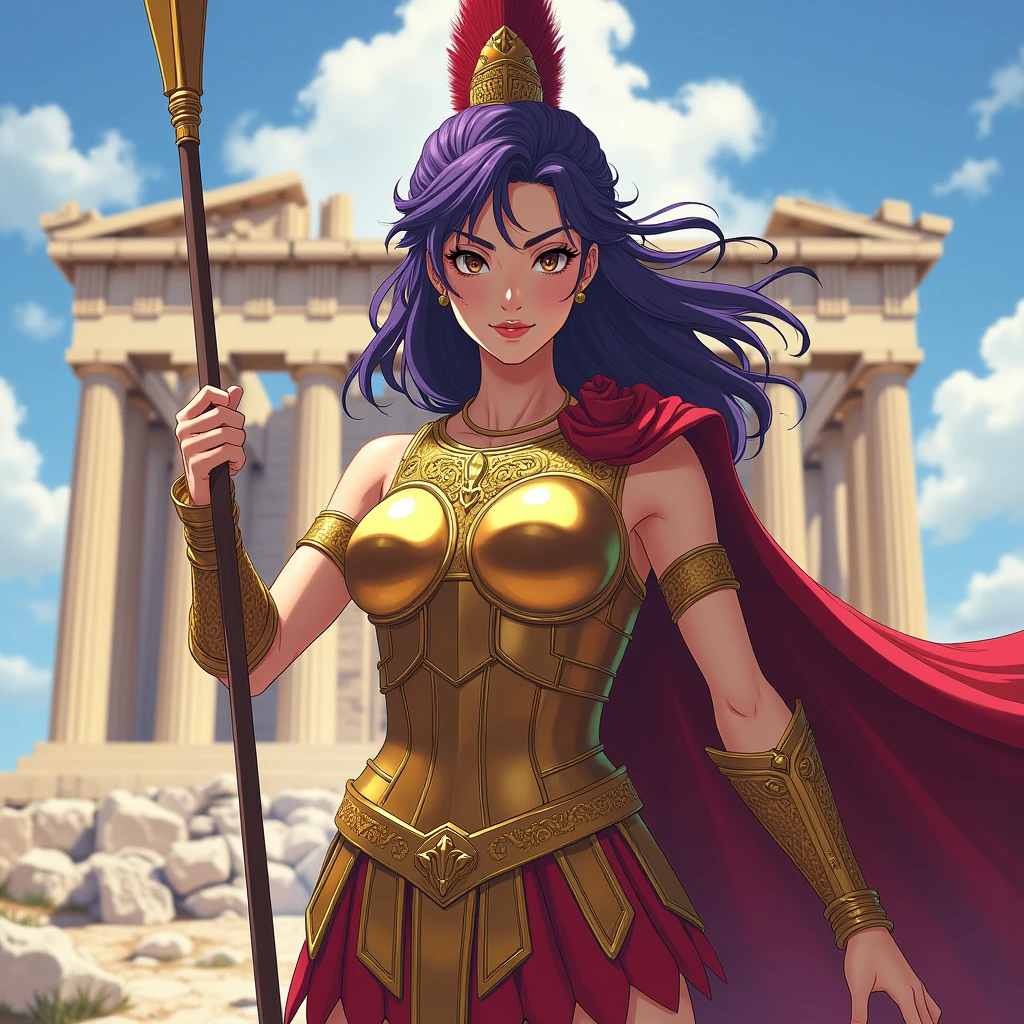 (best quality,4k,8k,highres,masterpiece:1.2),ultra-detailed, 1woman, Greek goddess Athena, purple hair, wearing golden hoplite armor with helmet, attacking pose, wielding a spear, looking at the viewer, wise, impressive, seductive eyes, in front of the Parthenon, drawn in the style of Yoshitaka Amano, HDR, 8k, absurdres, cinestill 800, sharp focus
