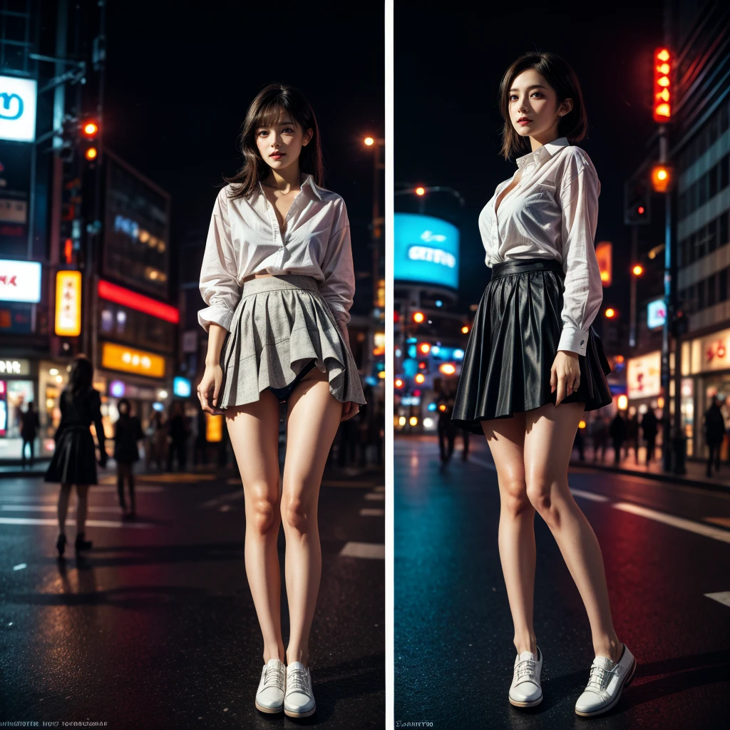 TopQuality 8K UltraDetailed Masterpiece(ProfessionalPHOTO:1.37), ExtremelyDetailed(Business Ladies), Gigantic Cleavage, Detailed (Delicate Closing textures), Undressing ((Wearing Skirt and pull down panties:1.28)) ((panty pull)) Undressing, Dusk {((Shibuya Scramble Crossing)) | Large Screen | Unbuttoned White Shirt | Blood Stained (white panties) | Red Shoes}, (Acutance:0.8)(Luminism:1.2), Blurrd Colorful Lights, Starry Particles ,