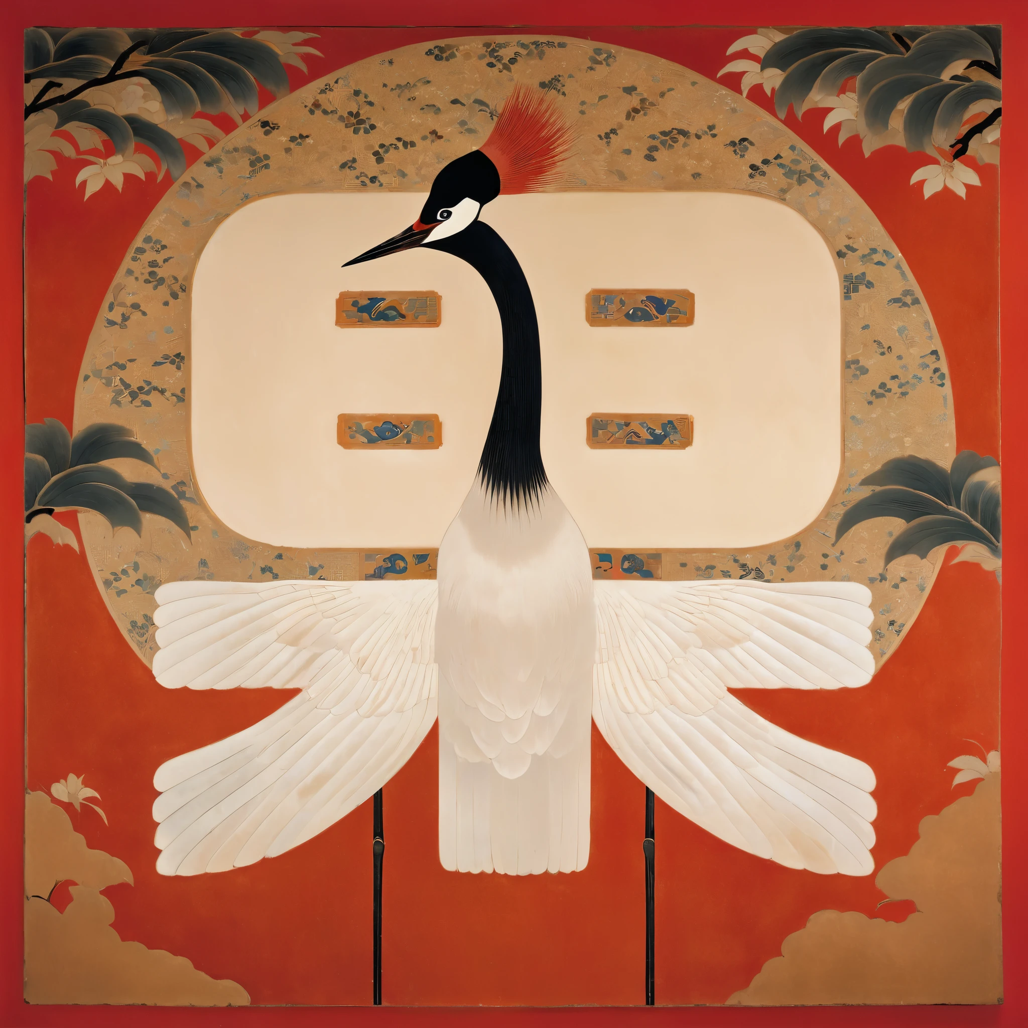 A red-crowned crane on a red background,There is a cut panel in the background, Japanese Art Museum, Dark white and light brown, Elegant and balanced, Standard collection, song huizong, Song Dynasty, Mosaic, Flat composition