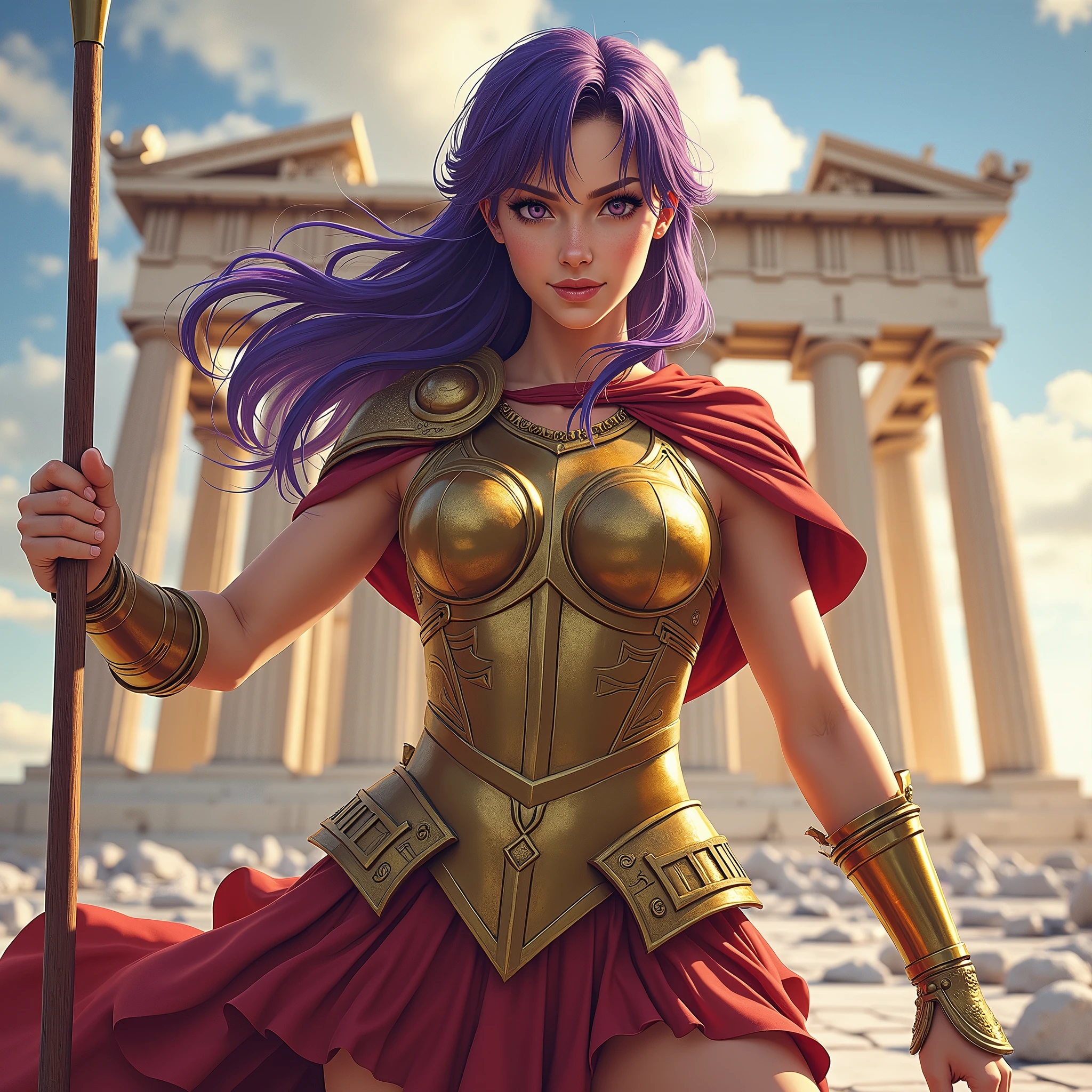 (best quality,4k,8k,highres,masterpiece:1.2),ultra-detailed, 1woman, Greek goddess Athena, purple hair, wearing golden hoplite armor with helmet, attacking pose, wielding a spear, looking at the viewer, wise, impressive, seductive eyes, in front of the Parthenon, drawn in the style of Yoshitaka Amano, HDR, 8k, absurdres, cinestill 800, sharp focus
