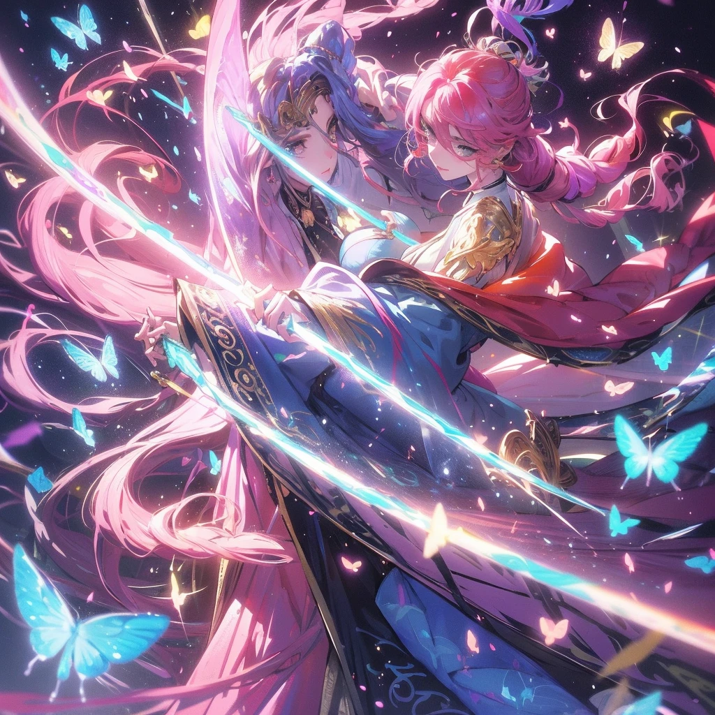 glittery background, a symmetrical illustration of a silhouette standing under a wisteria forest with large pink butterfly wings in the style of anime tarot card art in the style of colorful, colorful sparkles flying everywhere, a magical, dreamy glow effect, glowing lights, vibrant colors of pink, black, yellow, white, purple, red, orange, and blue. --ar 3:4 --niji 615:18/-strong/-heart:>:o:-((:-h  Hôm qua