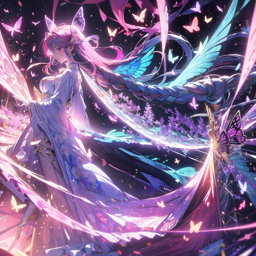 glittery background, a symmetrical illustration of a silhouette standing under a wisteria forest with large pink butterfly wings in the style of anime tarot card art in the style of colorful, colorful sparkles flying everywhere, a magical, dreamy glow effect, glowing lights, vibrant colors of pink, black, yellow, white, purple, red, orange, and blue. --ar 3:4 --niji 615:18/-strong/-heart:>:o:-((:-h  Hôm qua
