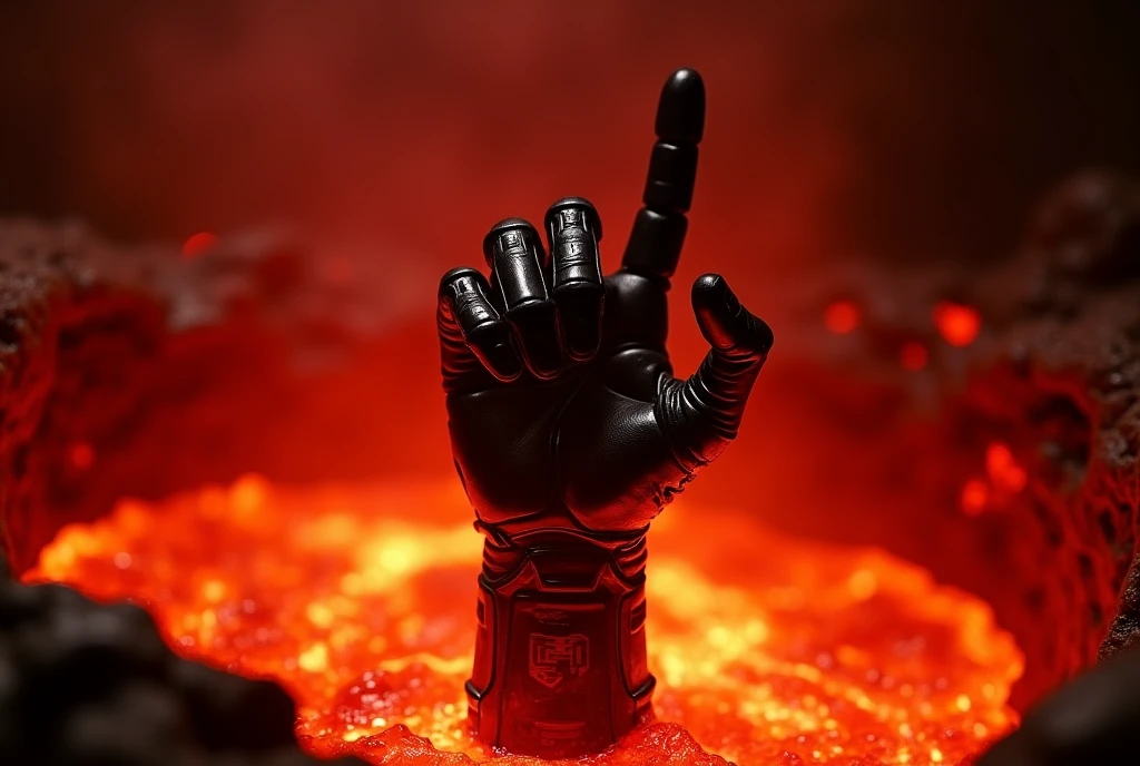 the terminator\(Movie\) Thumbs up wearing black leather gloves, Only his hand stretched out from under the hot pool of magma, Everywhere is dyed red by the heat, a scene from the Movie,Very famous scene, the climax of the Movie, Close-up of hands