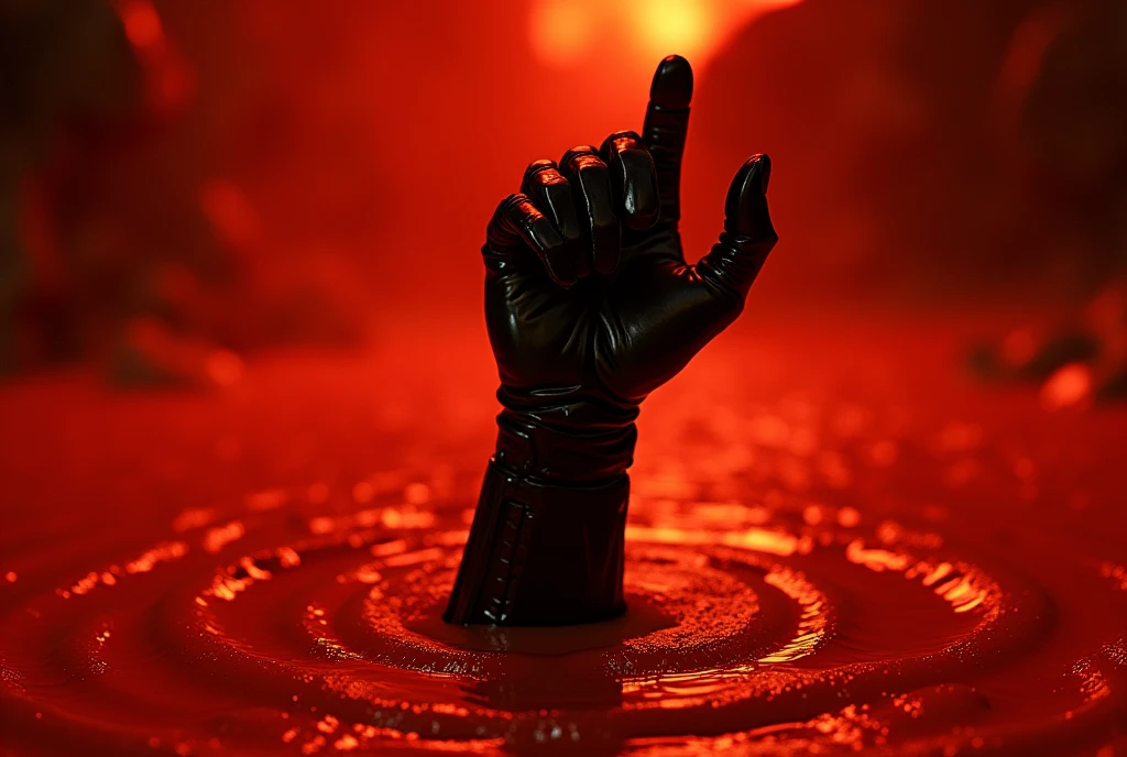 the terminator\(Movie\) Thumbs up wearing black leather gloves, Only his hand stretched out from under the hot pool of magma, Everywhere is dyed red by the heat, a scene from the Movie,Very famous scene, the climax of the Movie, Close-up of hands