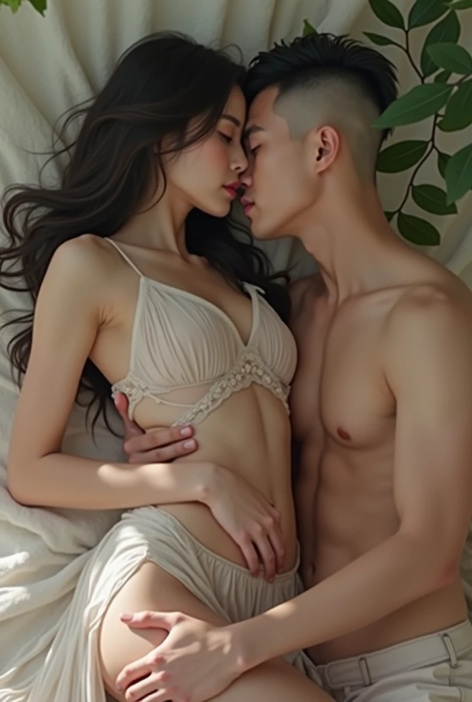 asian nude couple in misty forest, beautiful asian woman, asian skin, asian girl, asian human, penetrating standing sexual intercourse, sensual, (best quality,4k,8k,highres,masterpiece:1.2),ultra-detailed,(realistic,photorealistic,photo-realistic:1.37),intricate details,warm colors,dramatic lighting,cinematic composition