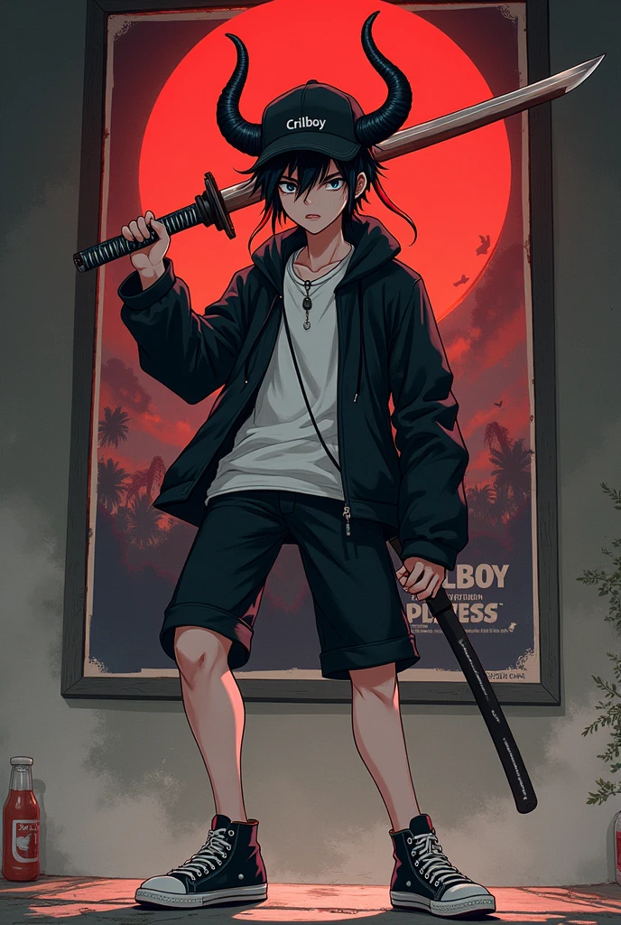 Teenage gothic man with shorts, tennis shoes, hat and horns and with a katana in his hand, anime style, possessed by the devil. With his name in the background on a poster that is crilboy