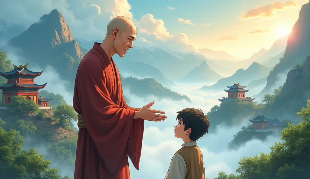 Chinese bald monk sensei talking to his young desciple, beautiful scenario, peaceful, happy, surrounded by temples, mountain, in anime style