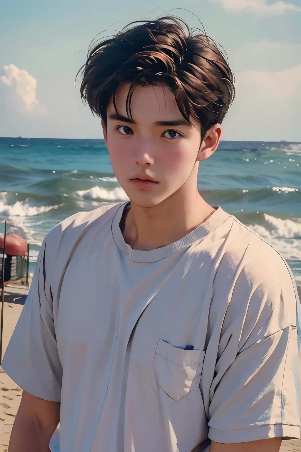 Upper body close-up image。One handsome man。Twenty years old。pale brown hair。He is looking at the camera with a serious expression。The season is summer、He stands on the seaside。