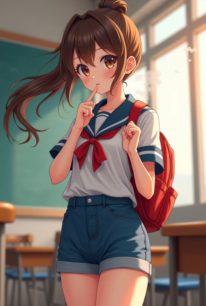 ((best quality)), ((masterpiece)), (detailed), {{loli}},{{{{192cm}}}},{{{{{tall girl}}}}},{{{{{thick and long beautiful legs}}}}}, anime girl, cute girl, school uniform,white snicker,
official style,close mouth,game cg, bare arms, long hair,brown eyes,brown hair,ponytail,medium breasts, navel,backpack,red randoseru,classroom,denim shorts,upper body,finger to mouth,best quality, amazing quality, very aesthetic, absurdres,dynamic pose,wind,Dutch angle,light on face,watercolor,{{{real CG photography texture}}},oily skin,real body,realistic skin texture,detailed background,depth of field,[[laughing eyes],[[Dutch angle]],looking at viewer,jitome,[[upper body]],winter,lens flare,steam,bokeh, best quality, amazing quality, very aesthetic, absurdres, best quality, amazing quality, very aesthetic, absurdres, best quality, amazing quality, very aesthetic, absurdres