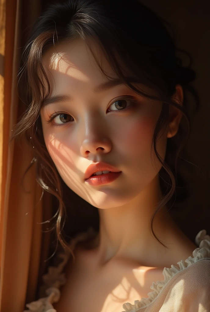 A beautiful sexy girl, cute. Brown background tone. Full color.