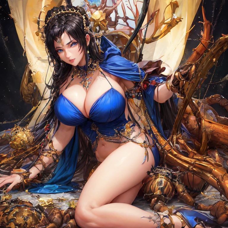 Beautiful mature milf arachne in the back with eight spider legs with black hair and blue eyes with big breasts high details UHD super detail accurate best quality