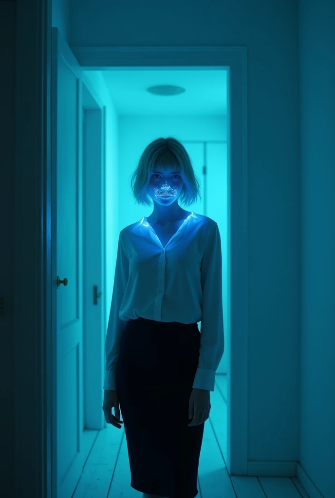 (photorealism:1.2), beautiful woman, swedish, blonde,sad, pensive, assistant, pencil skirt, 18yo, haunted house, white floor and ceiling, blue lighting, hologram, projection,looking at camera, short hair, glowing blue line around her face