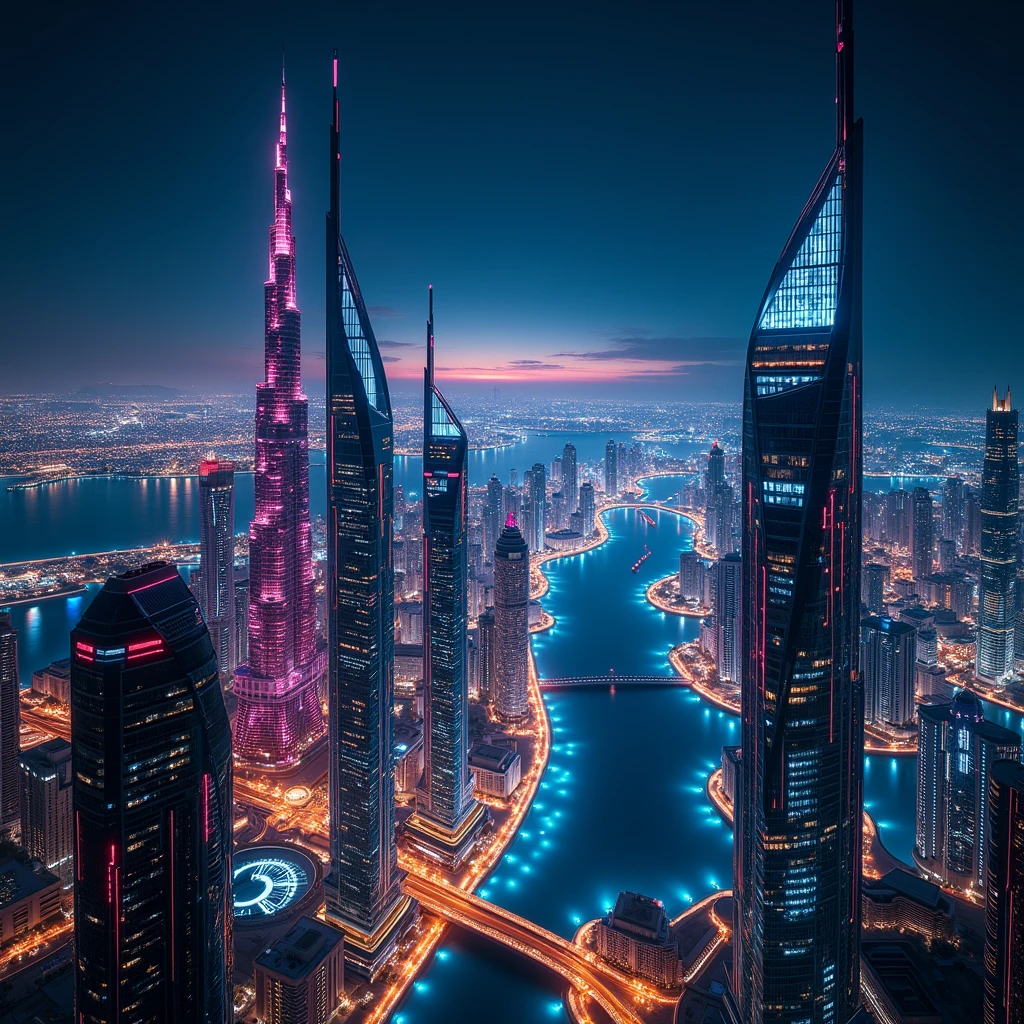 Dubai's night view with beautiful futuristic city buildings brightly lit with cyber neon lights and a sea resort in the distance