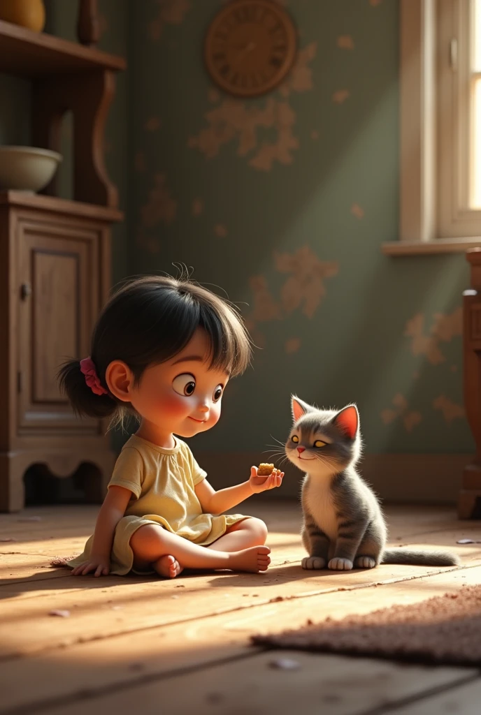 With a 3d Pixar Animation,A sitting cross-legged on the floor of an old, dusty room, feeding a gray tabby cat from her hand. The cat looks content, with a hint of a smile in her eyes, and the room feels warmer and brighter.
The girl should be little and she should be feeding the gray cat with fieeder