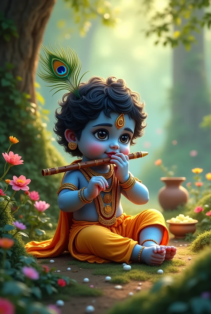 Child Krishna siting in forest playing bansuri and have peacock feather on its head. Caw standing and a pot of makhan is there in side also in background there is colourful flowers and plants