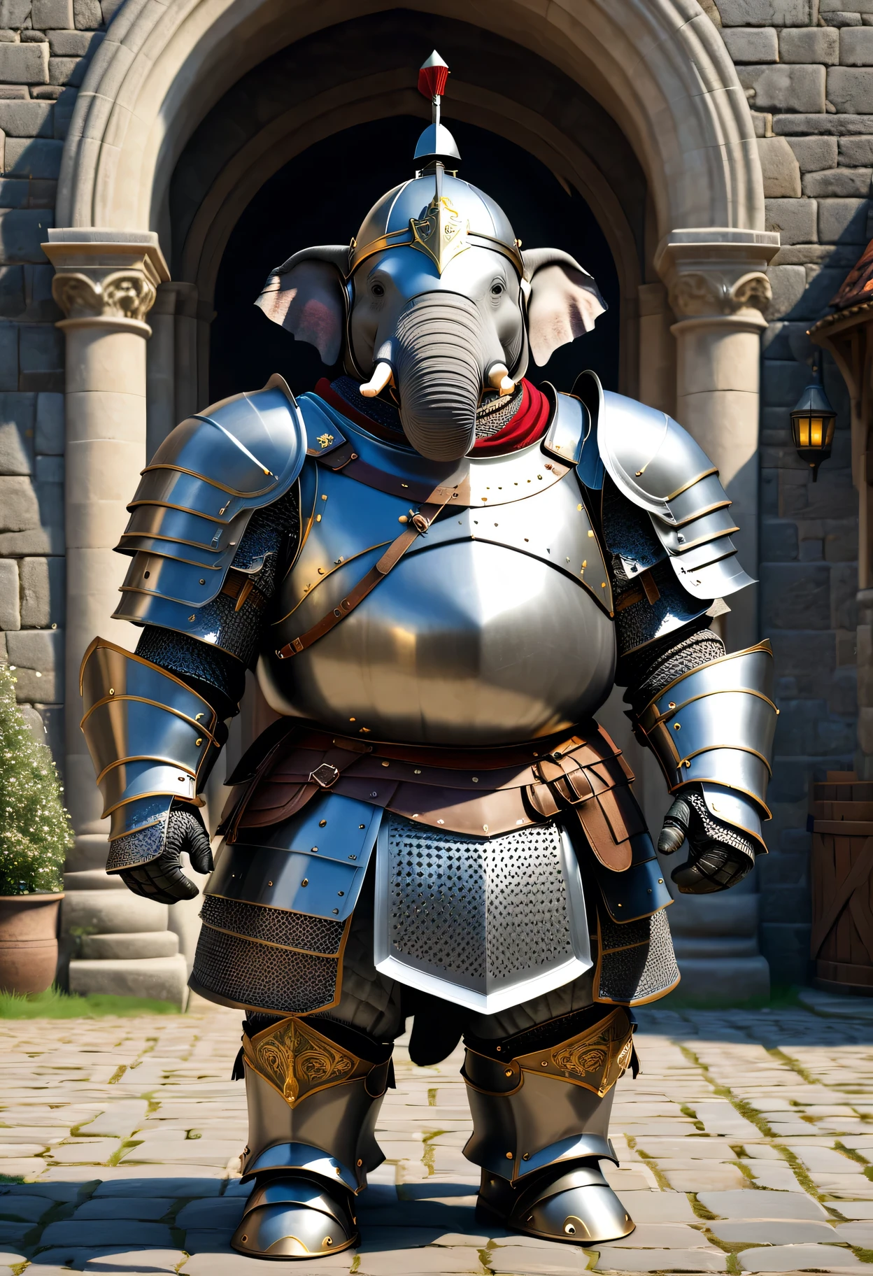 photorealistic portrait of Dressed animals - a ((fat)) (elephant) knight,(hands on hips:1.5 ),(furry),(helmet), high quality,(lovely) ,intricate detailed armor, highly detailed ((knight armor, greaves, sabaton)) , highly detailed knight equipment , (happy), natural lighting,(full body image:2.0),(stone buildings background),score_9, score_8_up, score_7_up, score_6_up, score_5_up, score_4_up,
