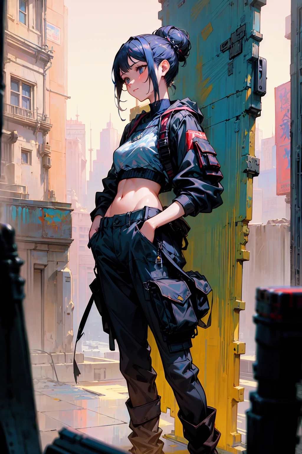 samdoesarts; award winning half body portrait of a beautiful woman in a croptop and cargo pants, military boots, standing on the street faint smile, paint splashes, hair in a bun, splatter, outrun, vaporware, digital art, trending on artstation, highly detailed, fine detail, intricate by Jeremy Mann, matth�us merian the elder, Pino Daeni, robert rauschenber, by beksinski