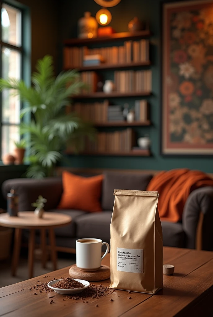 A bag of coffee is placed next to it、Products、Coffee Shop、The Art of Designers、Designed for comfort and beauty！、Place in the living room、Detailed pictures、High-quality images、Wang Chen、Fully equipped space、Precise details、Shakespearean bookstore scene