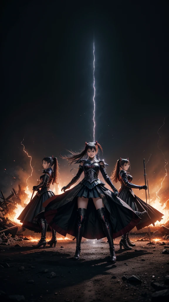 Create an image in the style of dark art and metal, featuring three powerful female figures in an intense stage performance. They are dressed in futuristic battle outfits, combining black armor with red and silver details. The background is shrouded in a chaotic atmosphere, with flames and dancing shadows. The lighting is dramatic, with beams of red and purple light cutting through the darkness, creating a sense of extreme energy. The scene should convey power, intensity, and the unique essence of the song "BabyMetal Death" by BabyMetal.