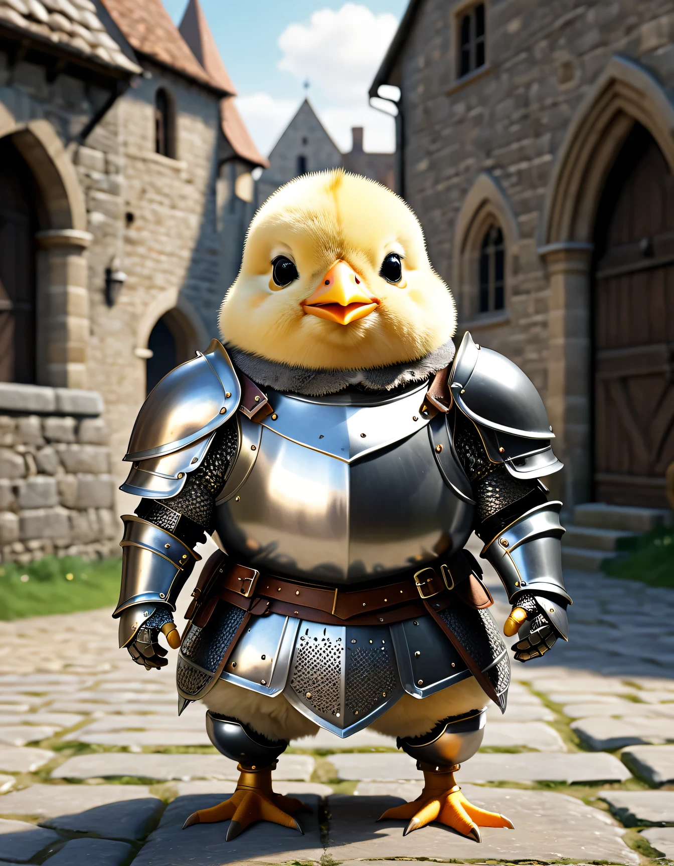 photorealistic portrait of Dressed animals - a ((fat)) (baby chick) knight,(hands on hips:1.5 ),(furry),(helmet), high quality,(lovely) ,intricate detailed armor, highly detailed ((knight armor, greaves, sabaton)) , highly detailed knight equipment , (happy), natural lighting,(full body image:2.0),(stone buildings background),score_9, score_8_up, score_7_up, score_6_up, score_5_up, score_4_up,