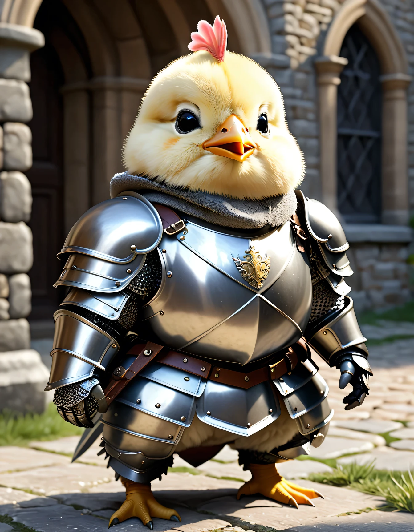 photorealistic portrait of Dressed animals - a ((fat)) () knight,(hands on hips:1.5 ),(furry),(helmet), high quality,(lovely) ,intricate detailed armor, highly detailed ((knight armor, greaves, sabaton)) , highly detailed knight equipment , (happy), natural lighting,(full body image:2.0),(stone buildings background),score_9, score_8_up, score_7_up, score_6_up, score_5_up, score_4_up,