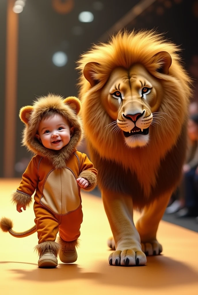 a baby with a happy face dressed as a lion walks with a real lion on the catwalk model, ultra realistic