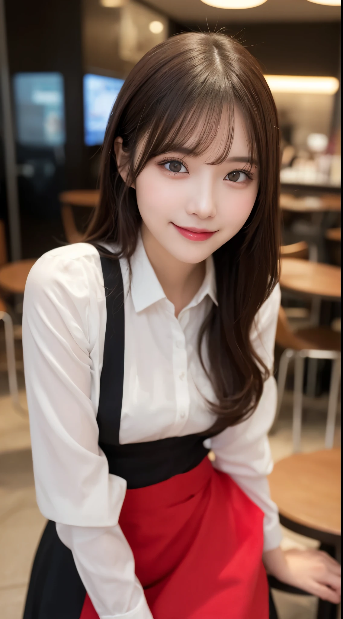 Tabletop, Highest quality, shape, Very detailed, finely, High resolution, 8k wallpaper, 完璧なダイナミックな構shape, Beautiful and detailed,ランダムなcute髪,,Natural color lip, Bold sexy pose,smile、20-year-old girl、cute、Looking into the camera,Always blur the background,Perfect and beautiful face,Slim face and figure,Big eyes、Putting on gal makeup,Small face,Shooting from below、smile,Blurred Background,Elegant feminine face、Cyberpunk Fashion、smile、Cosplayers（Waitress figure-covering flared skirt girly fashion）