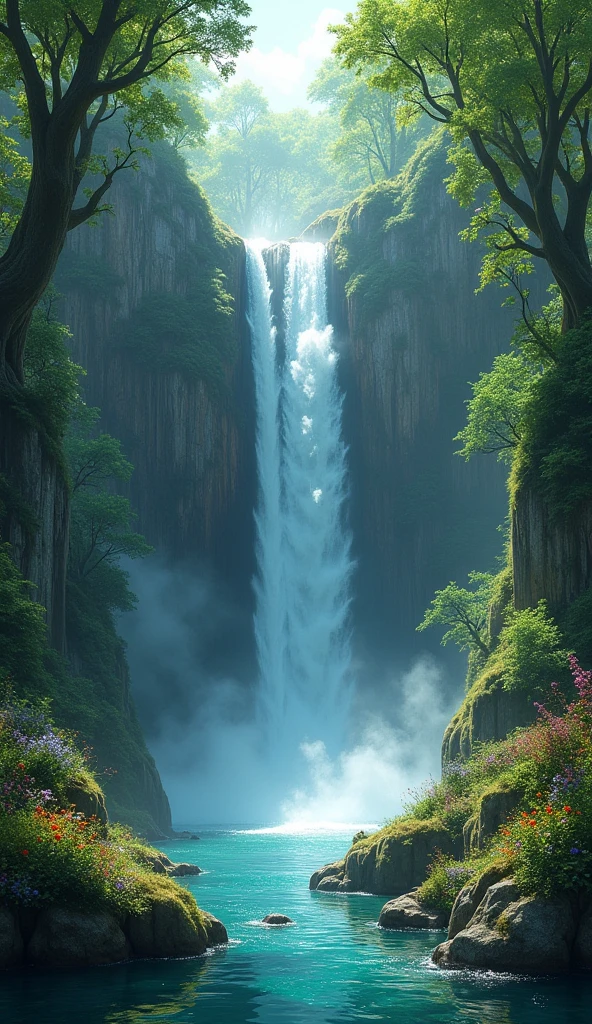 A waterfall in a fantastic forest