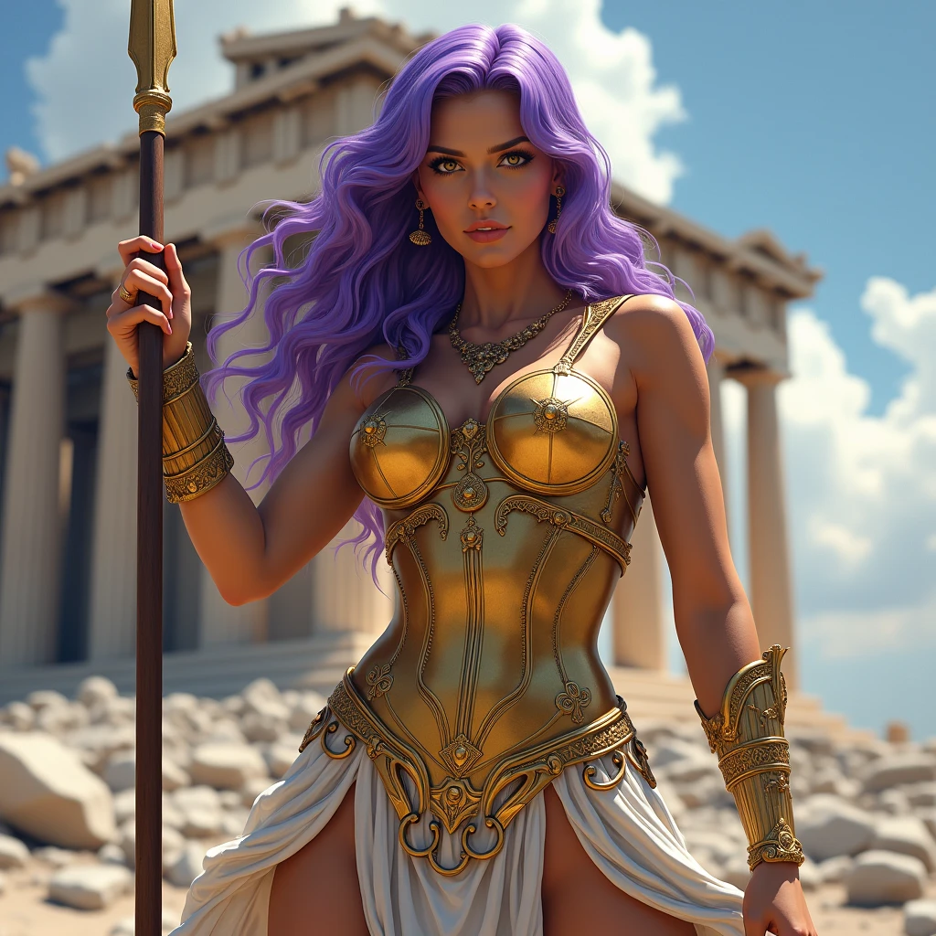 (best quality,4k,8k,highres,masterpiece:1.2),ultra-detailed, 1woman, Greek goddess Athena, purple hair, wearing golden hoplite armor with helmet, attacking pose, wielding a spear, looking at the viewer, wise, impressive, seductive eyes, in front of the Parthenon, drawn in the style of Yoshitaka Amano, HDR, 8k, absurdres, cinestill 800, realistic, sharp focus