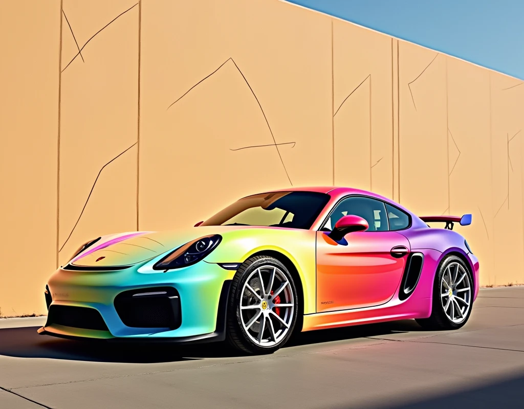 isolated porsche cayman parked against beige wall, clean, the car is painted pink yellow blue orange purple green red white black and grey, the solid background covered is a huge wall, lines and symbols, side shot, symmetry, amazing advertisement, glossy, metallic details. the photo was taken from the front left side of the vehicle, the overall mood conveys excitement and adventure, logo can be seen written on one wheels