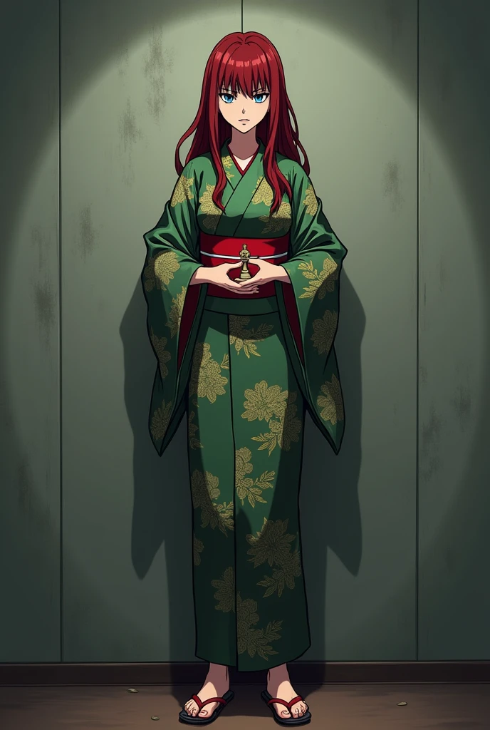 The image is anime style with shadows and dim lights, anime style although somewhat adult and dark, In it appears a single adult woman of 40 years old, she has blue eyes and wears a beautiful oversized green and red yukata.; He also wears sandals. She has very long and loose hair., dark red. you see the woman, calculating and shrewd. The background of the image is a grey wall. She is the antagonist of the story, smile confidently, con malicia y challenging. Is standing, challenging, holding a chess piece in his hands