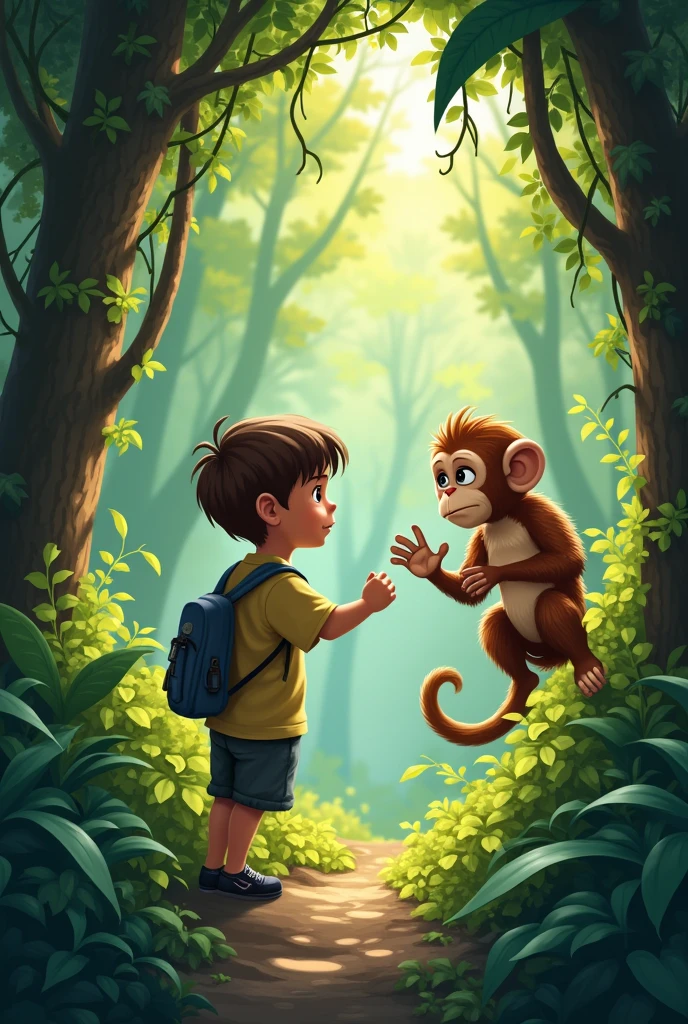 थोड़ी देर चलने के बाद, टॉमी ने झाड़ियों से कुछ हलचल की आवाज सुनी। उसका दिल उत्साह और डर से धड़कने लगा। धीरे-धीरे वह उस आवाज की ओर बढ़ा और पाया कि एक छोटा सा बंदर शाखाओं में फंस गया था। बंदर के चेहरे पर उदासी थी और वह फंसने के कारण परेशान था। टॉमी ने सोचा कि उसे मदद करनी चाहिए। उसने अपने छोटे लेकिन मेहनती हाथों से बंदर को धीरे-धीरे छुड़ाया। धन्यवाद के रूप में, खुश बंदर चहचहाने लगा और टॉमी के कंधे पर चढ़ गया।