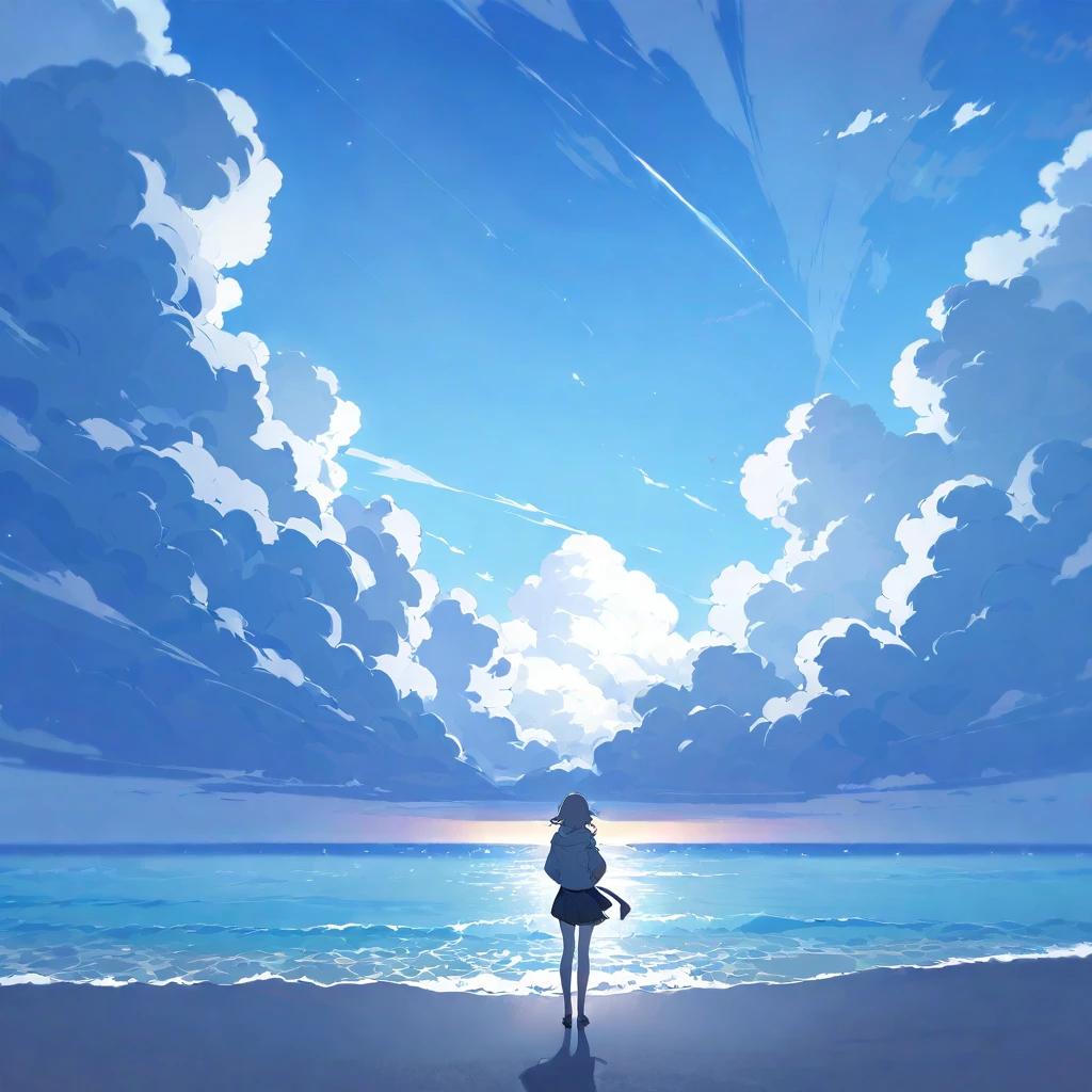 Woman looking at the sea, horizon, Cumulonimbus