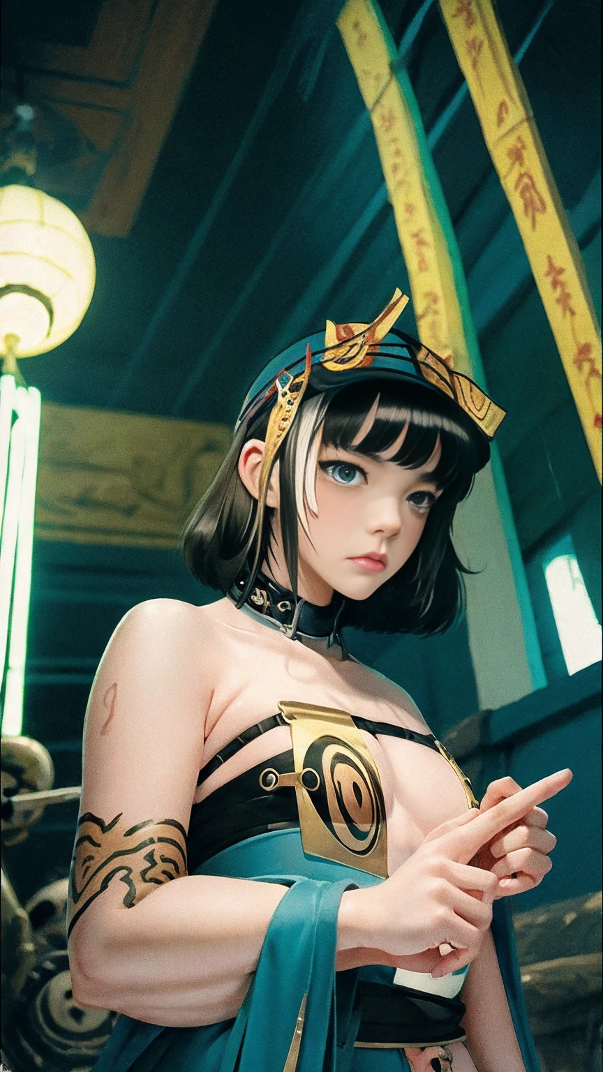 masterpiece, best quality, ultra detailed, hyper detailed, beautiful, exquisite, FHD, 8K, absurdres, a girls, (japanese girl),skull, grumpy, at dusk, with a starry sky, outside, cyberpunk, upper body shot, (lomography:1.3), tilt-shift lens, green hues, line drawing