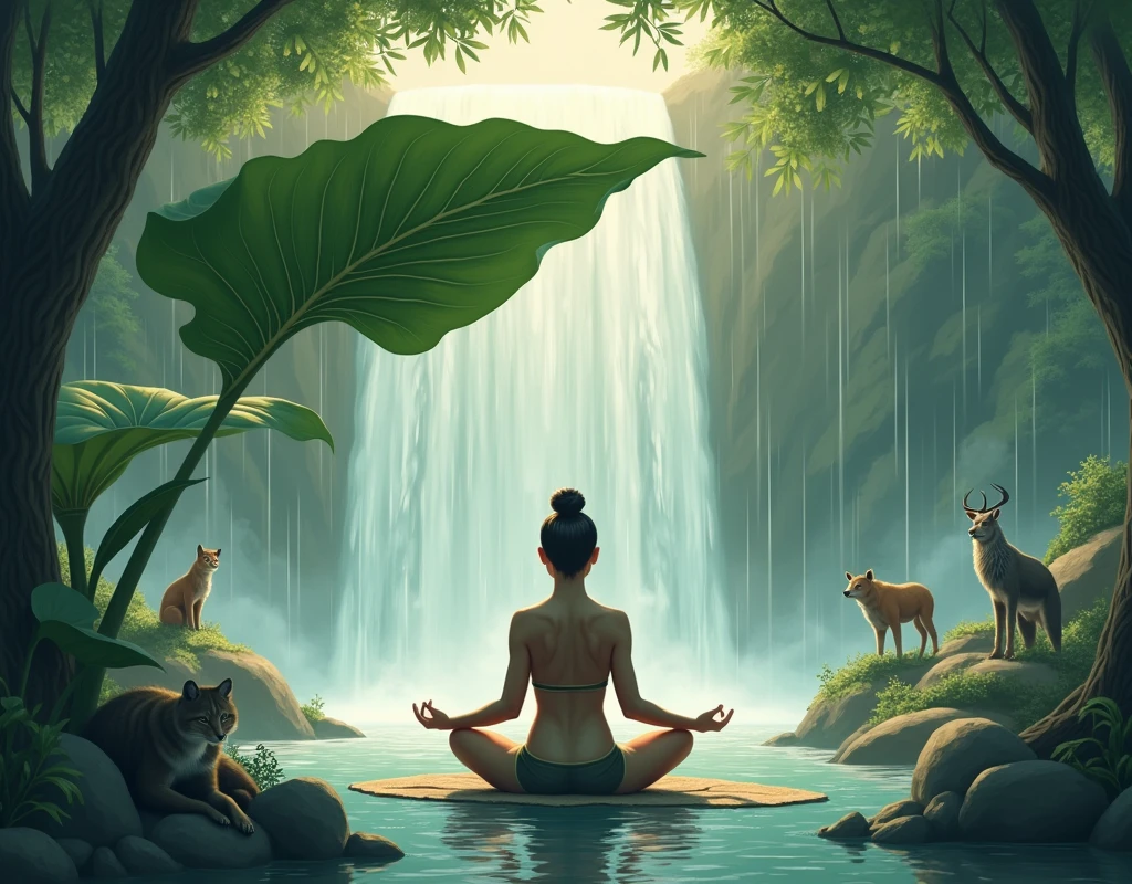 A person meditating under a big leaf raining weather beautiful landscape water fall animals calmly looking at him
