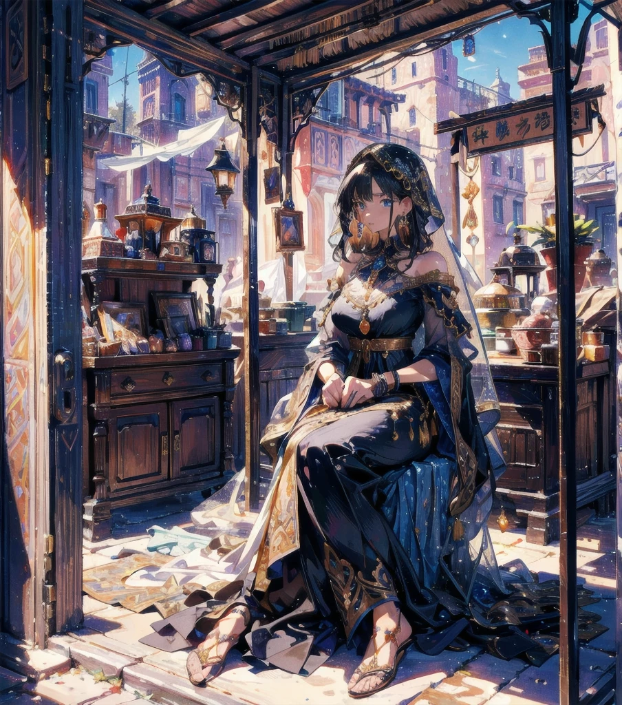 absurdres, RAW photo, extremely delicate and beautiful, masterpiece, Highest Quality, ultra high resolution, 32k, hyperrealistic, realistic, photorealistic, photo-realistic, Real, ultra-detailed, Very detailed CG 8k wallpaper, detailed background, landscape, Beautiful Lighting, Perfect Lightning, Realistic Shadows, perfect anatomy, anatomically correct, ideal ratio body proportions, perfect figure, Perfect Style, Perfect balance, super Detailed skin, in her 30s, very Slim body, narrow waist, very small head, very small face, delicate facial features, handsome detailed woman, very detailed eyes and face, realistic face proportions, Realistic beautiful face, Realistic beautiful eyes, tearful mole, earring, full body shot, very huge round tits, medium hair, asymmetrical hair, wavy hair, A suspiciously beautiful woman, her face hidden by a veil, sits on the ground in an alleyway in a desert town, selling her wares in a stall on a carpet. She wears intricate and delicate ornaments. The carpet at her feet is lined with accessories and goods decorated with gold and jewels.