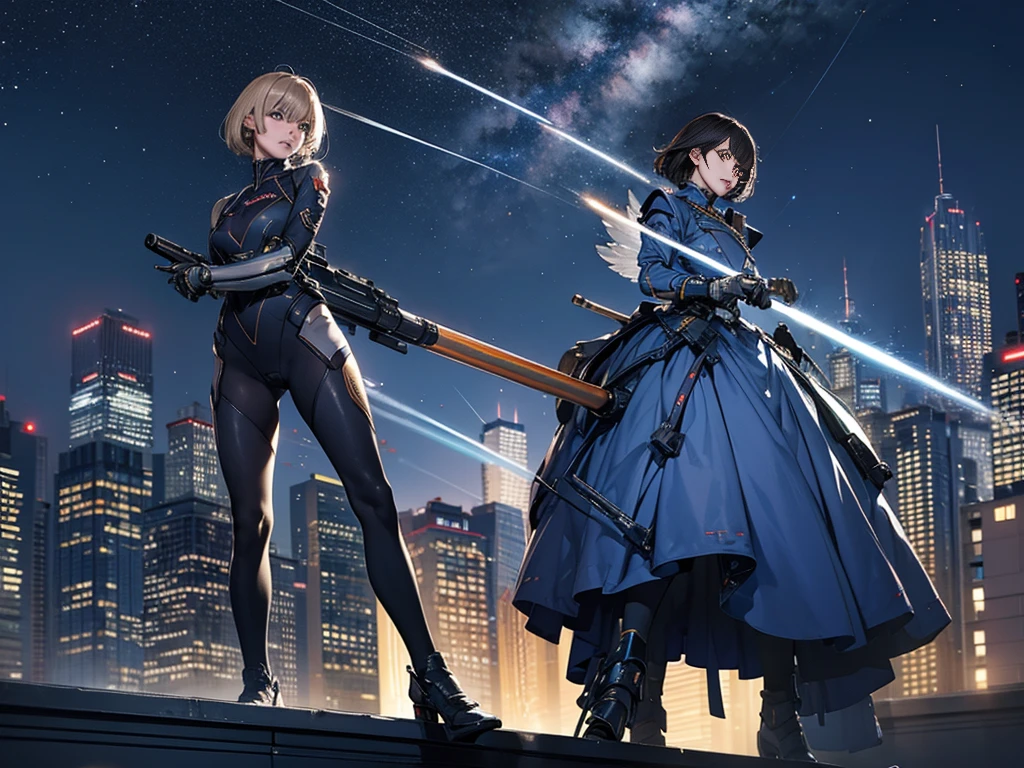 **Prompt1** Equipped with a huge beam rifle々And the stance、Wearing full silver armor, surrounded by stars、A full-body shot of a serious and powerful pose、A masterpiece of a mechanical girl depicted at dynamic angles with absurd details。Armor suit with white mechanical wings on the back。 **Prompt2** Night rooftop background、A skyscraper stands in the midst of a burning city、Holding a huge beam rifle、A side shot of a serious and powerful mecha girl with speed lines。 **Prompt 3** Short hair and long pointy ears、blue eyes、With sharp teeth and fangs、Blonde center-parted bangs、Thick eyebrows、Wear a flat chest、Profile of a crouching mechanical girl holding a giant beam rifle、Starry night sky background、Aiming for something far away。 **Prompt 4** The skyscrapers burn brightly、Night rooftop background燃え上がる都市の風景。Surrounded by the chaos of a burning city、Holding a huge beam rifleた機械少女が全身ショットで真剣かつ力強い表情で立っている。