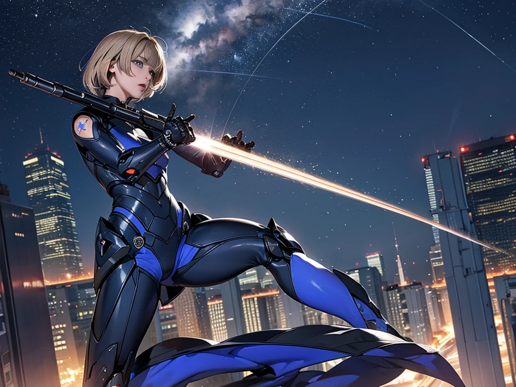  **Prompt1** Equipped with a huge beam rifle々And the stance、Wearing full silver armor, surrounded by stars、A full-body shot of a serious and powerful pose、A masterpiece of a mechanical girl depicted at dynamic angles with absurd details。Armor suit with white mechanical wings on the back。 **Prompt2** Night rooftop background、A skyscraper stands in the midst of a burning city、Holding a huge beam rifle、A side shot of a serious and powerful mecha girl with speed lines。 **Prompt 3** Short hair and long pointy ears、blue eyes、With sharp teeth and fangs、Blonde center-parted bangs、Thick eyebrows、Wear a flat chest、Profile of a crouching mechanical girl holding a giant beam rifle、Starry night sky background、Aiming for something far away。 **Prompt 4** The skyscrapers burn brightly、Night rooftop background燃え上がる都市の風景。Surrounded by the chaos of a burning city、Holding a huge beam rifleた機械少女が全身ショットで真剣かつ力強い表情で立っている。