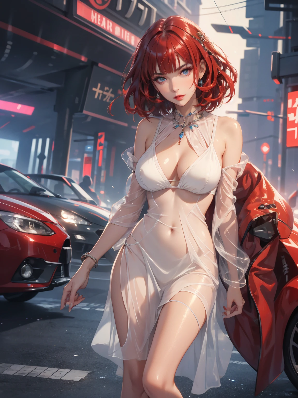 1girl,a beautiful fashion model ,(masterpiece, detailed background, best quality),short and shiny hair, red hair, hair with highlights, bangs, smirk,juicy lips,red lips, calmart, lingerie, stripping, elegant makeup, blue eyes, full body shot, (shiny skin), cyberpunk, sci fi, boa, extravagant jewelry, cocky expression, covered in jewelry, fancy, see through white dress, shiny skin, wet skin. running hand through hair