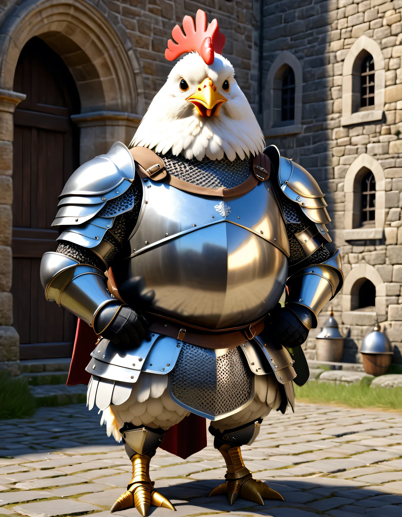 photorealistic portrait of Dressed animals - a ((fat)) (chicken) knight,(hands on hips:1.5 ),(furry),(helmet), high quality,(lovely) ,intricate detailed armor, highly detailed ((knight armor, greaves, sabaton)) , highly detailed knight equipment , (happy), natural lighting,(full body image:2.0),(stone buildings background),score_9, score_8_up, score_7_up, score_6_up, score_5_up, score_4_up,