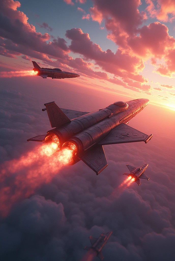 In a surreal twilight sky, a luminous, phoenix-inspired craft soars through a kaleidoscope of colors. A thrilling chase ensues as angular, metallic vessels pursue, their engines roaring like thunder, creating a mesmerizing display of speed and agility against a backdrop of swirling patterns.