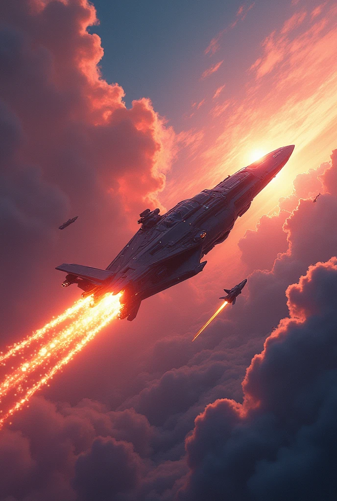 In a surreal twilight sky, a luminous, phoenix-inspired craft soars through a kaleidoscope of colors. A thrilling chase ensues as angular, metallic vessels pursue, their engines roaring like thunder, creating a mesmerizing display of speed and agility against a backdrop of swirling patterns.